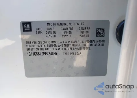 2014 Chevrolet Malibu 1Lt z USA, uszkodzony, nr VIN 1G11C5SL0EF234085